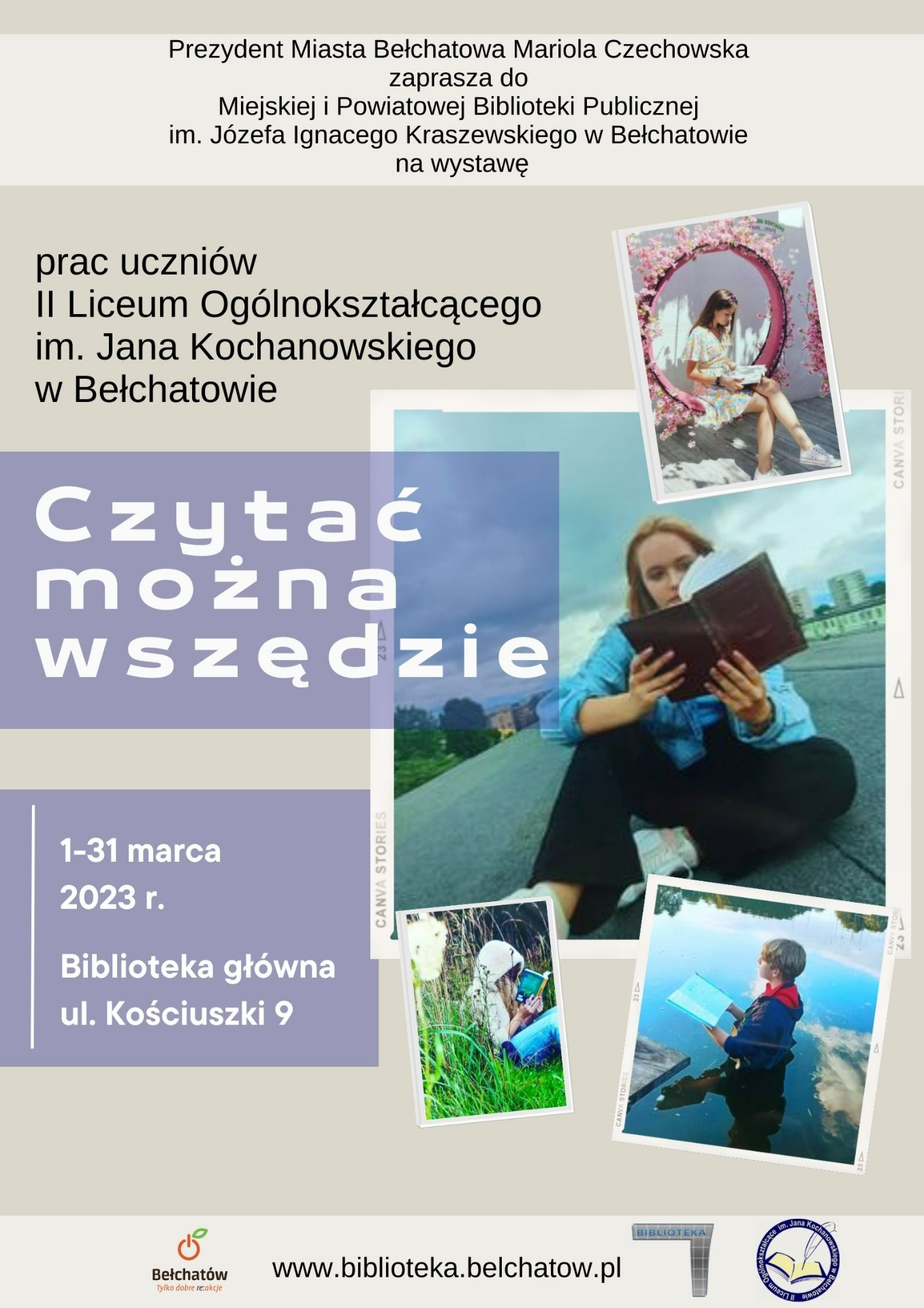 Plakat promujący wystawę prac uczniów "Czytać można wszędzie" w dniach 1-31 marca 2023 r. w MiPBP w Bełchatowie