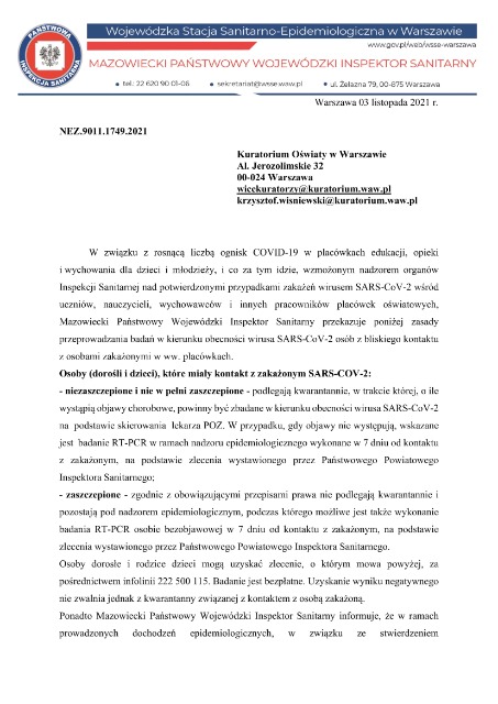 Pismo MPWIS ws. badań SARS-Cov-2 w placówkach oświatowych - Obrazek 1