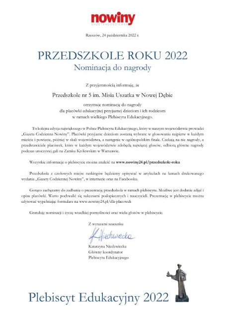 Nominacja do nagrody PRZEDSZKOLE ROKU 2022 oraz NAUCZYCIEL ROKU 2022 - Obrazek 1