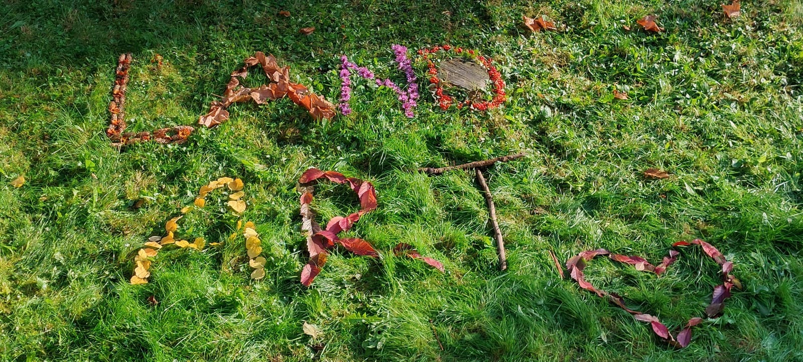 Na trawie ułożony napis z jesiennych liści Land Art oraz serce