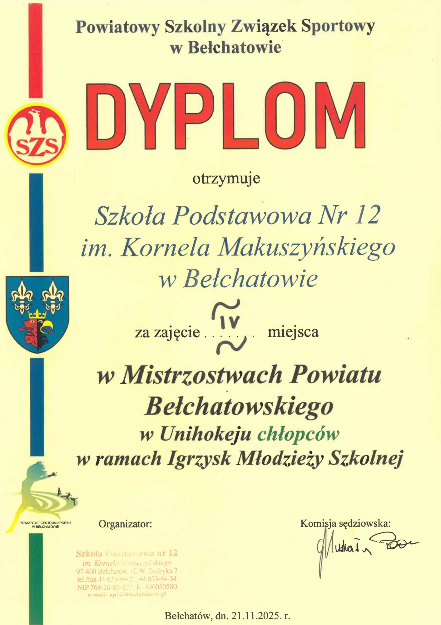 Mistrzostwa Powiatu Bełchatowskiego w Unihokeju chłopców w ramach Igrzysk Młodzieży Szkolnej - Obrazek 1