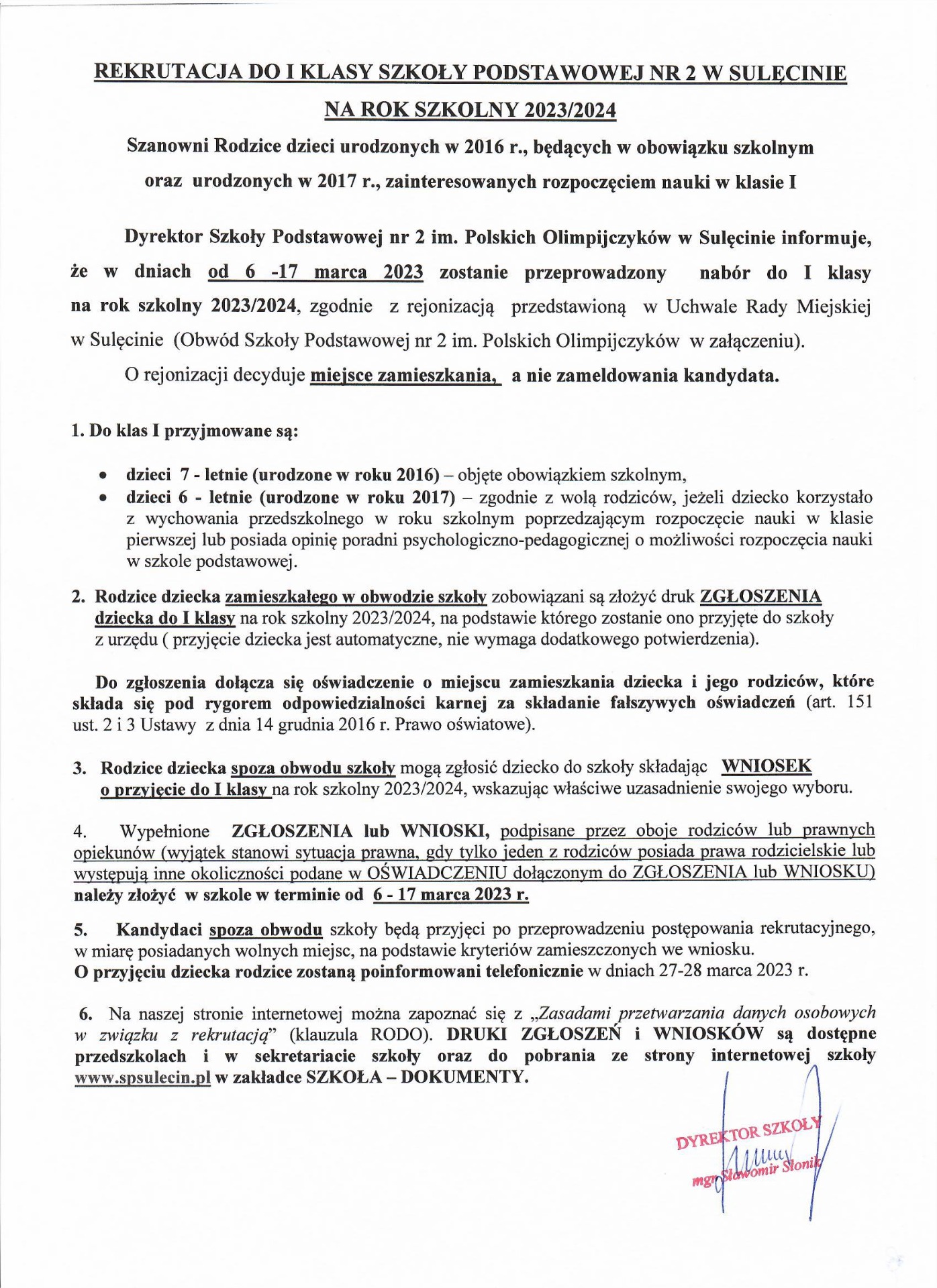 Rekrutacja do I klasy Szkoły Podstawowej nr 2 w Sulęcinie na rok szkolny 2023/2024 - Obrazek 1