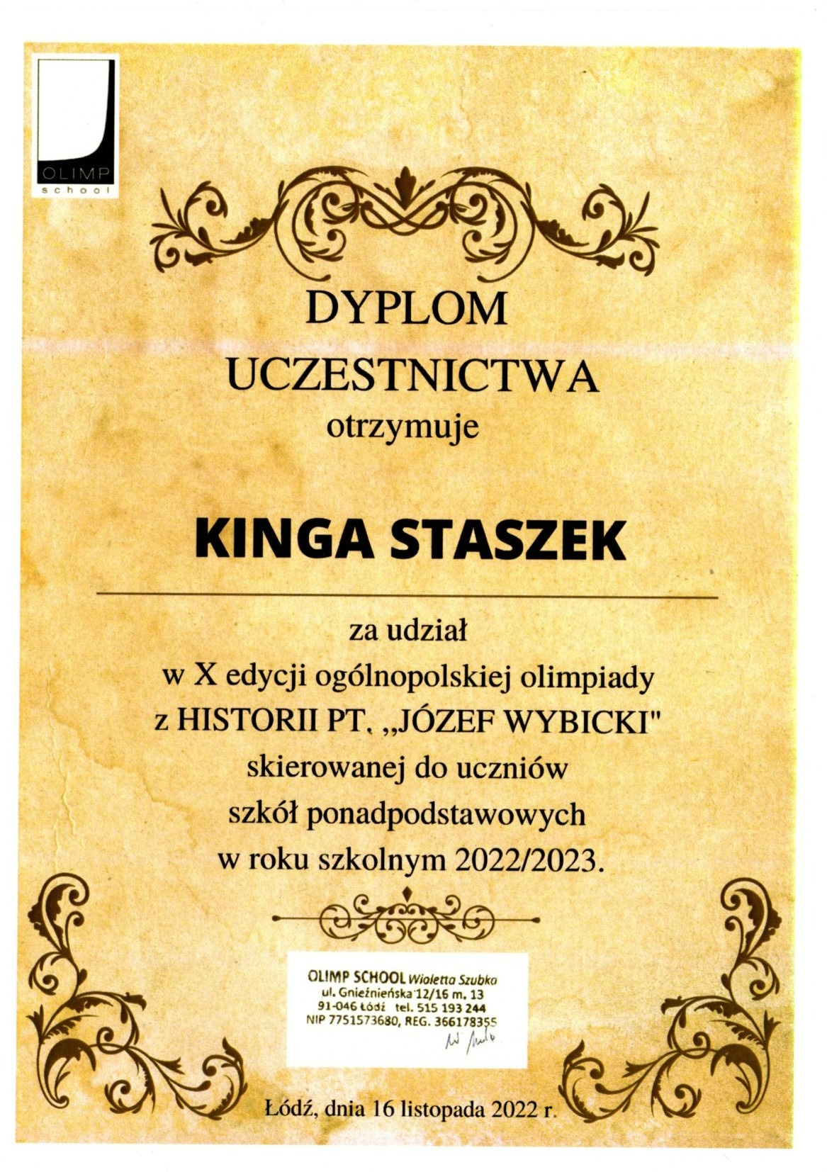 Dyplom uczestnictwa dla Kingi Staszek
