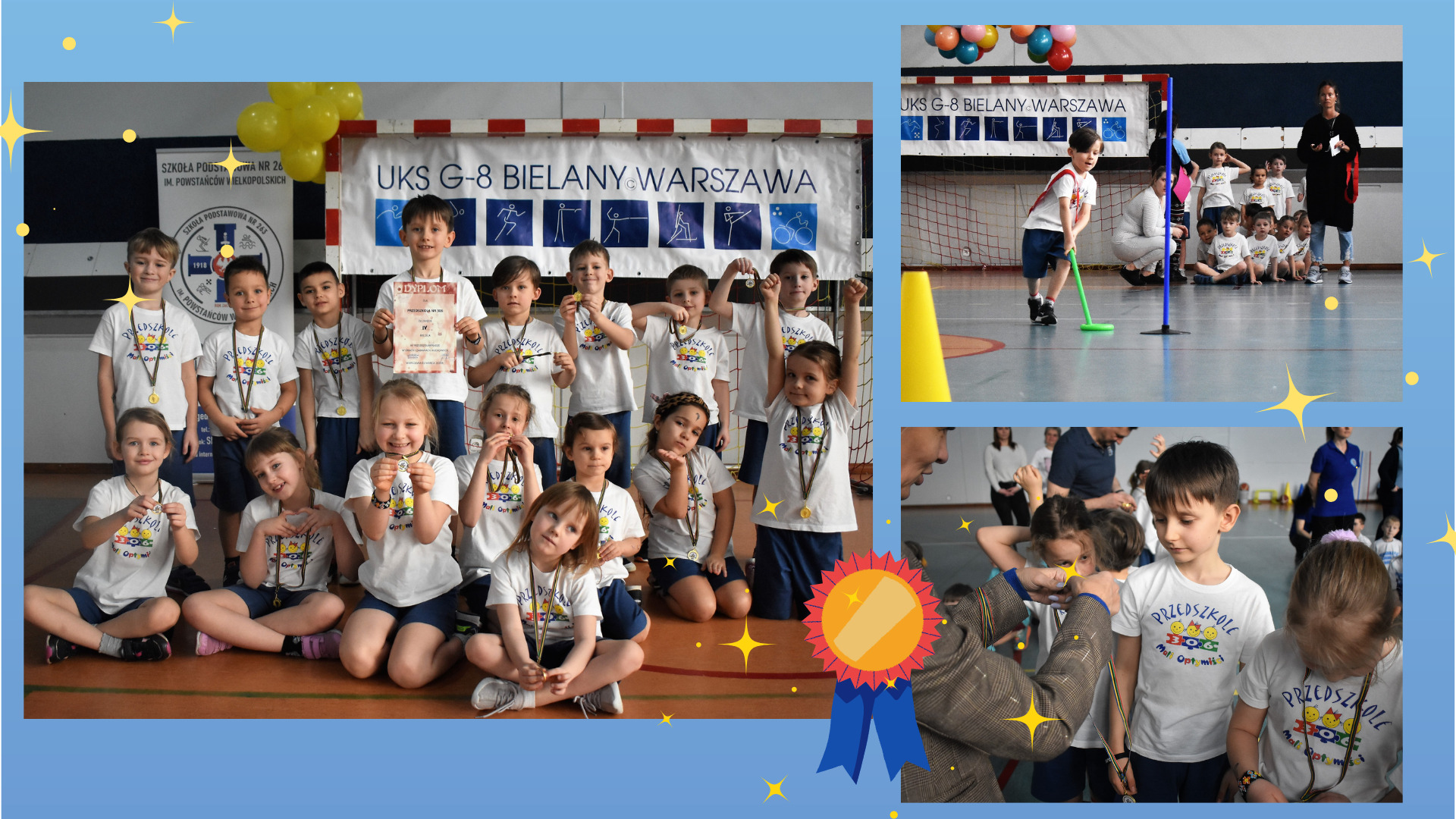 Plakat grupy dzieci biorących udział w zawodach sportowych. Zdjęcie grupowe uczestników, zdjęcie wręczania medali i zdjęcie z konkurencji sportowej.