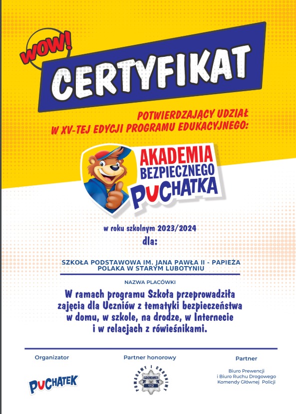 Certyfikat potwierdzający udział w programie "Akademia Bezpiecznego Puchatka".