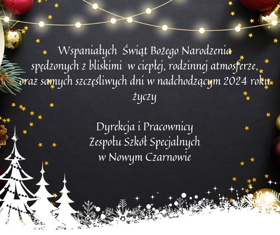 Wspaniałych  Świąt Bożego Narodzenia spędzonych z bliskimi w ciepłej, rodzinnej atmosferze,
oraz samych szczęśliwych dni w nadchodzącym 2024 roku życzy Dyrekcja i Pracownicy Zespołu Szkół Specjalnych w Nowym Czarnowie.
