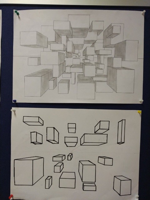 "Bryły w perspektywie linearnej" - prace plastyczne uczniów klasy 6A - Obrazek 1
