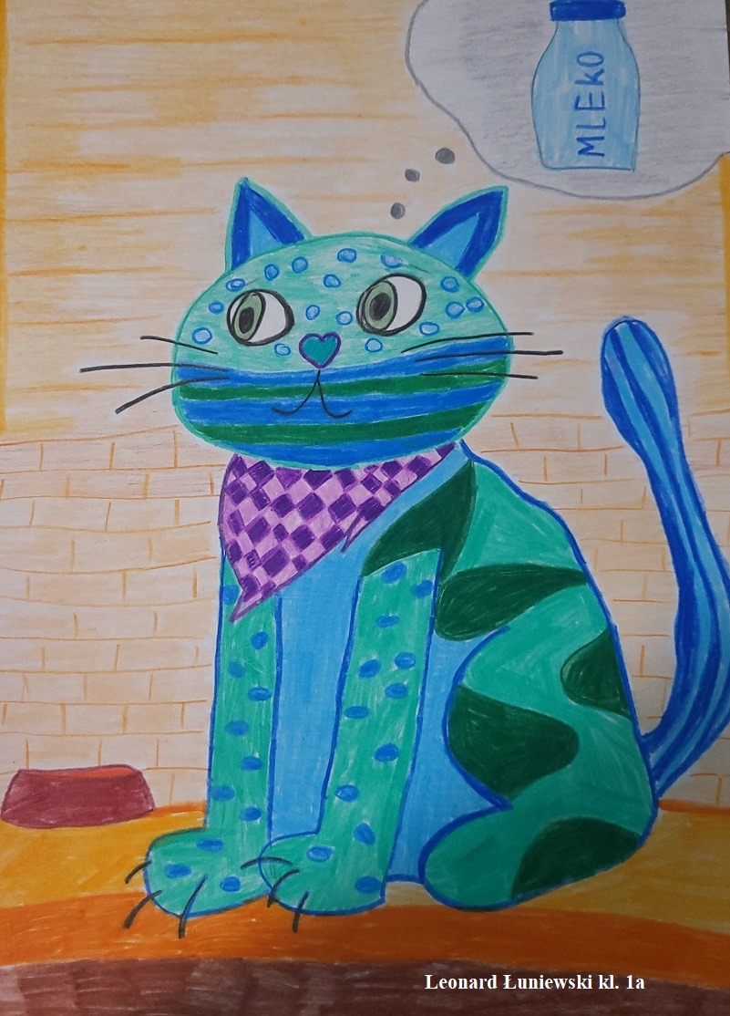 Rysunek jest ilustracją do wiersza "Kotek" Juliana Tuwima. Przedstawia kolorowego kotka.