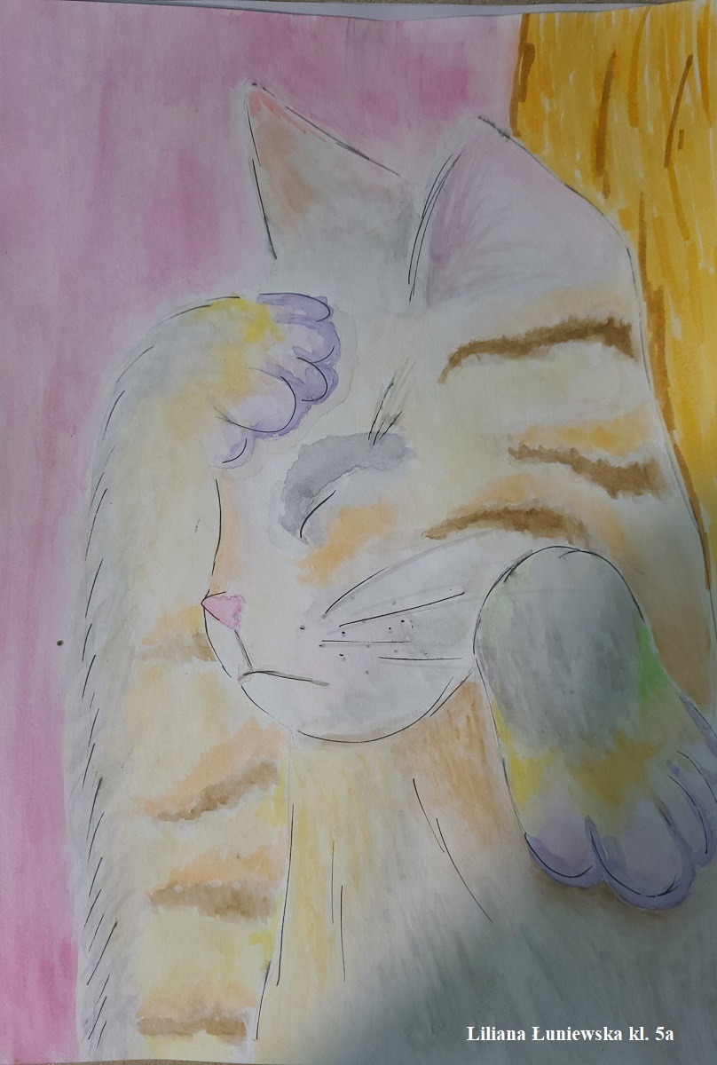 Rysunek jest ilustracją do wiersza "Chory kotek"  Stanisława Jachowicza. Przedstawia chorego kotka, który trzyma łapkę na bolącej główce.
