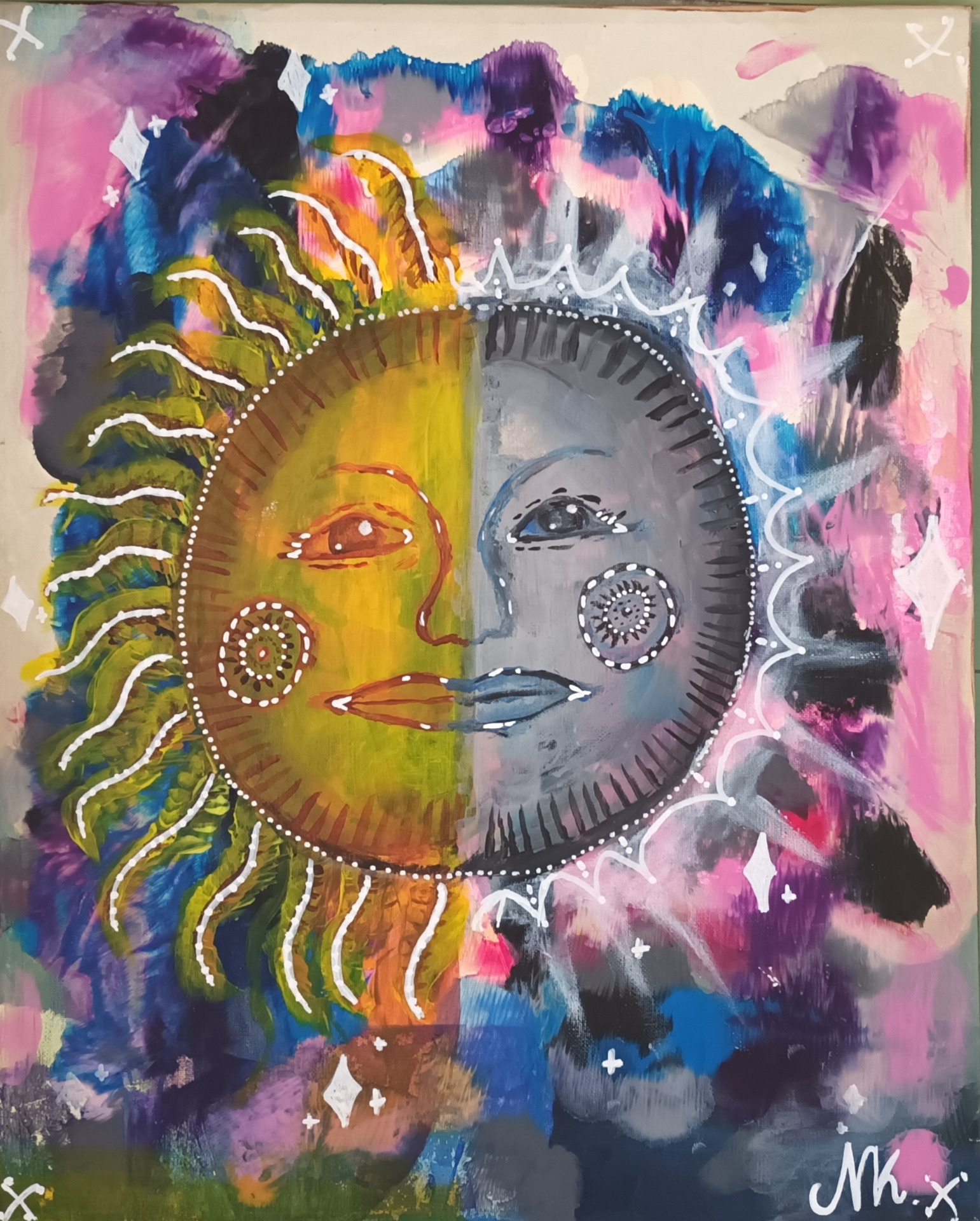 Praca miesiąca Październik 2022- autor Natasza Kosiorek 5d, rozświetlone słońce o 2 twarzach na kolorowym tle.jpg
